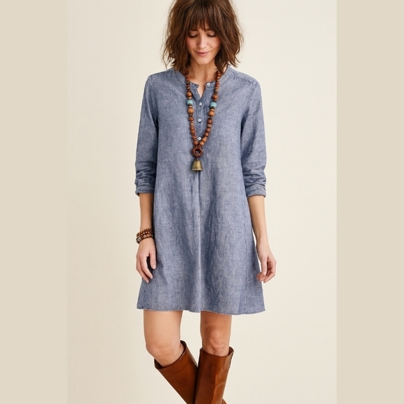 Tahari Dresses & Skirts - TAHARI 100 LINEN Blue Linen Tunic Dress, Henley 4 Button Placket, Pockets, XS